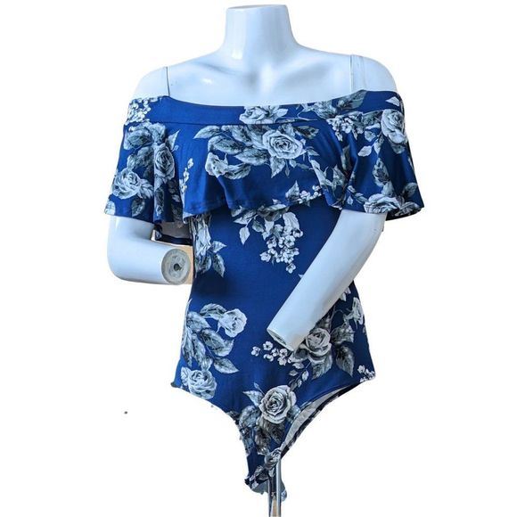 NEW Blue Floral Bodysuit Off-shoulder Ruffle sleeves and front Size Large - Picture 2 of 10